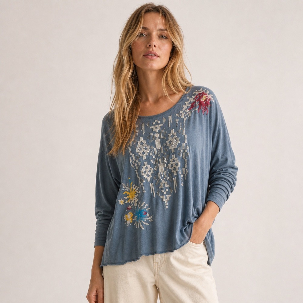 Johnny Was Embroidered Cotton Top Sz S Dusty Blue
